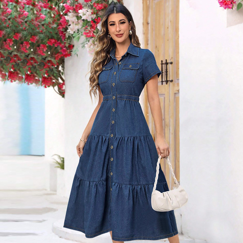 K Plus Size Women's Clothing Women's Short-sleeved Long Dress With Pocket And Button-down Collar_mkmklike.com