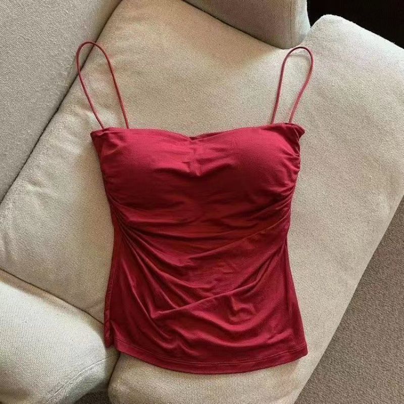 ギャルの純欲のしわのサスペンダーのベストの女性の夏の細い肩のベルトの中で甘くて辛い風の袖なしの小さい上着の外で着るのはやせています。|undefined