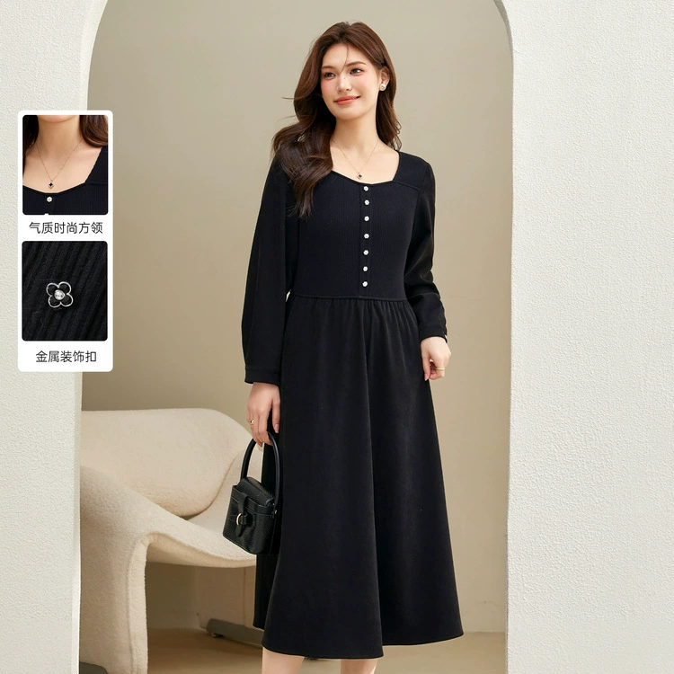 [Французский стиль Хепберн темпераментное платье с квадратным воротником] Fengshiu большой размер женский толстый mm2024 зимний новый