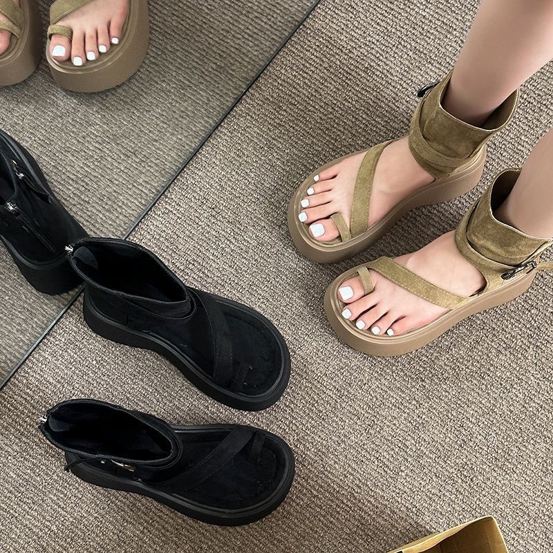 レトロ厚底ローマンサンダル女性のための 2025 夏の新ファッションスリッポンハイヒールサンダル背の高いバックジッパーショートブーツ|undefined