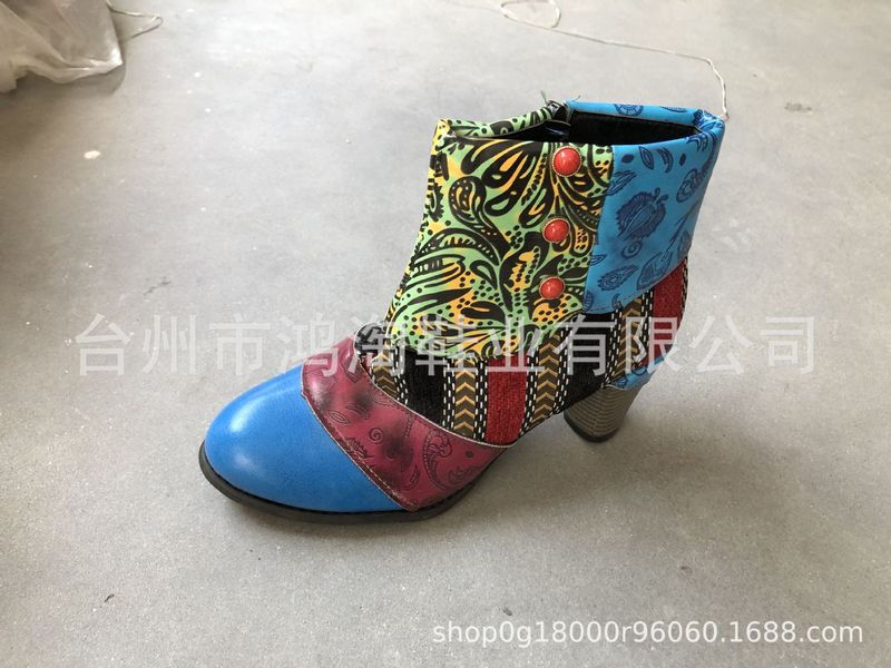 秋冬の民族風のハイヒールのショートブーツの女性の秋冬の新型はマーティンの靴のドリルの先の太さとショートブーツの大きいサイズをつなぎ合わせます。|undefined