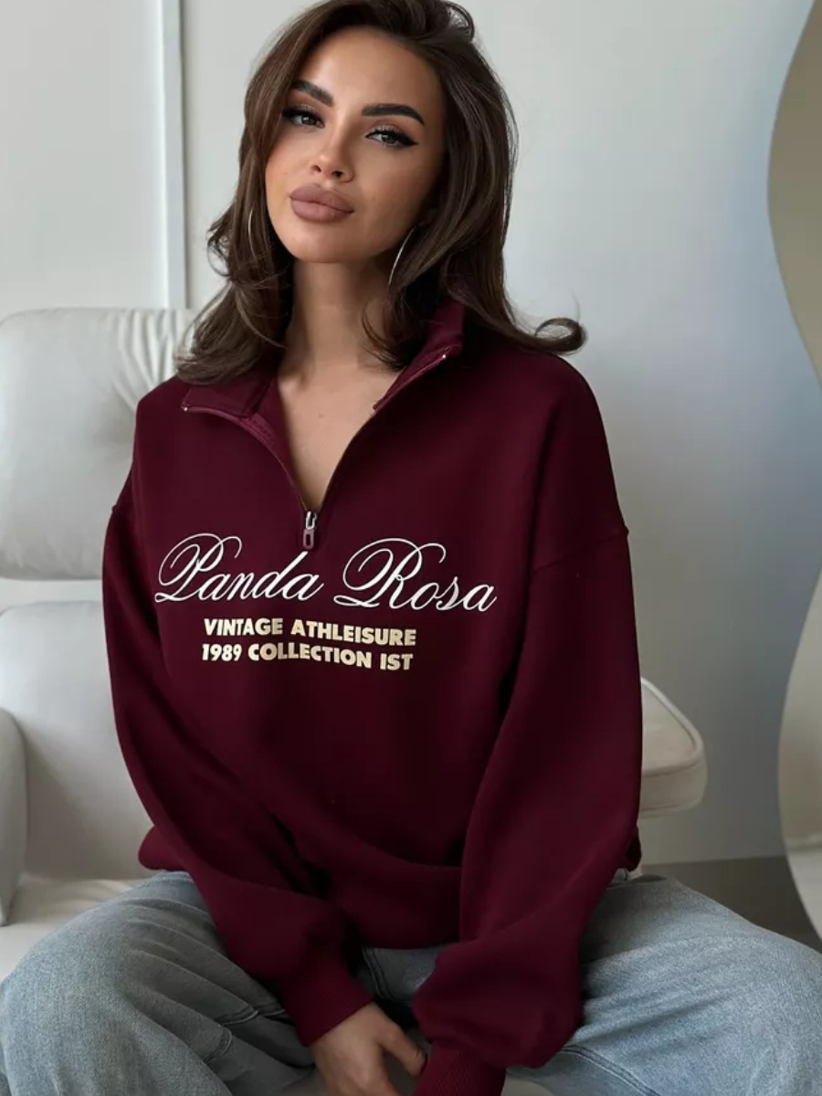 Felpa con cappuccio, mezza zip, calda, larga, foderata in pile, autunno-inverno, versatile, con stampa sul davanti_voghion.com