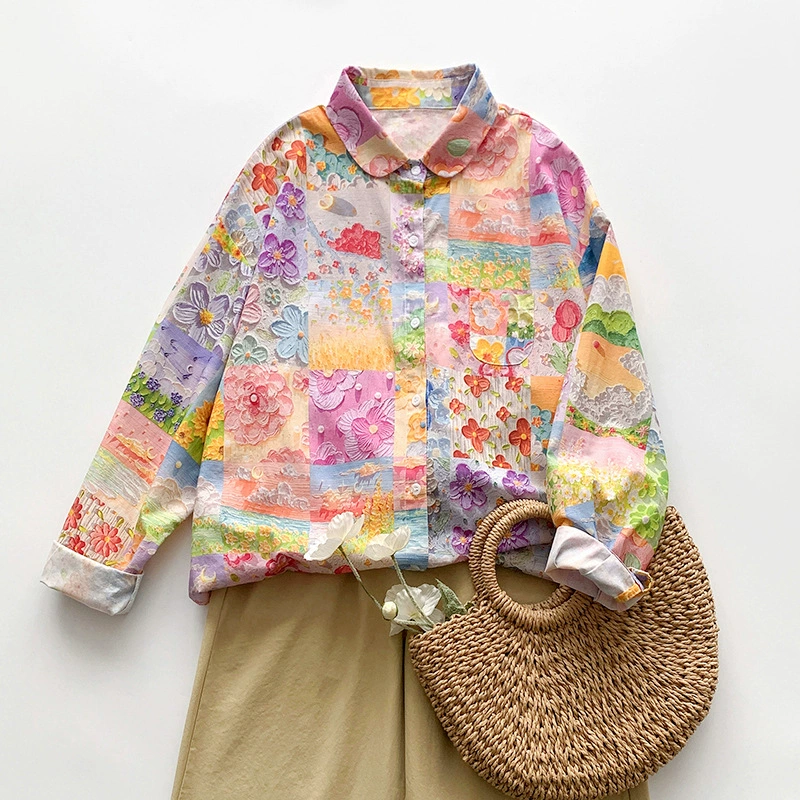 Реальный снимок новой хлопковой рубашки с длинным рукавом, принт масляной живописи, весна 2025, ретро, свободного кроя, универсальная, для женщин