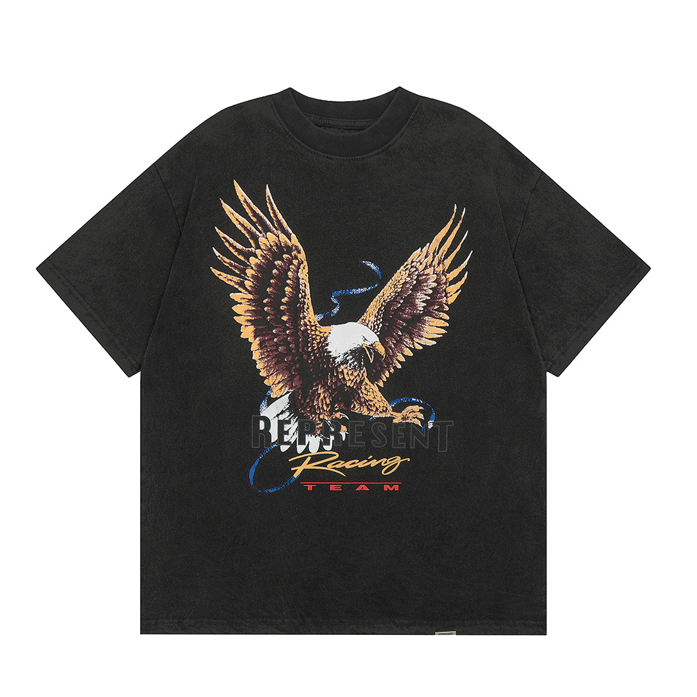 High Street REPRESENT Impresión de letras minimalistas desgastado retro lavado hombres y mujeres sueltos camiseta casual de manga corta marea