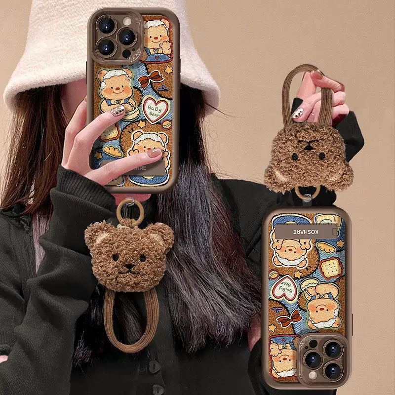 黄油小熊适用iPhone16手机壳秋冬高级苹果15挂绳13小羊皮14支架12