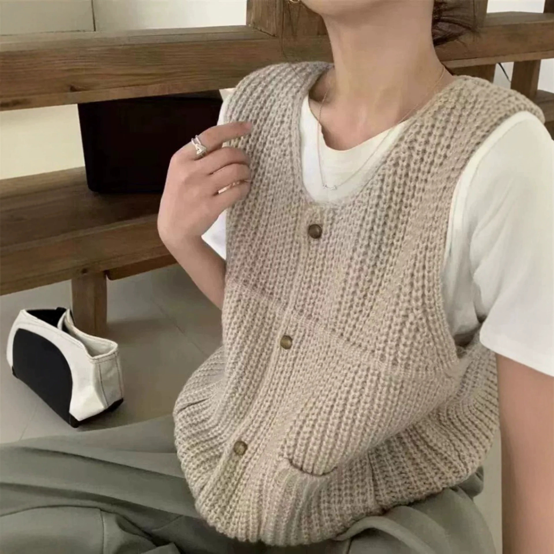 秋羊绒针织马甲女欧货粗毛线坎肩叠穿宽松纯羊毛开衫毛衣背心上衣