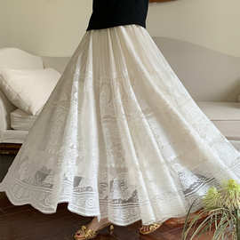 爱西里2024春季法式高级感重工绣花蕾丝网纱高腰半身裙长裙10995