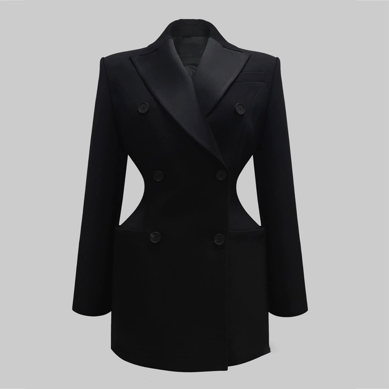 Черный трехмерный пиджак средней длины для женщин с эффектом утягивания талии в форме песочных часов
