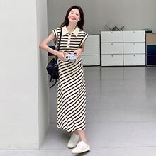 实拍黑白条纹无袖polo连衣裙女夏2025新款超好看休闲收腰t恤长裙
