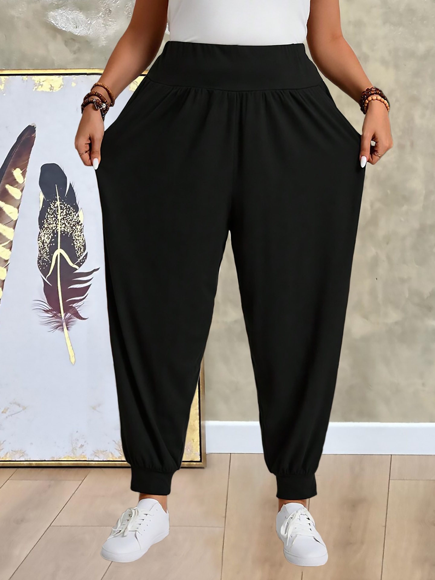 Women's Classic Black Harem Pants Elastic Waistband Side Pockets Soft Milk Silk Feel Comfortable Casual Wide Leg Trousers_ecoleips.com