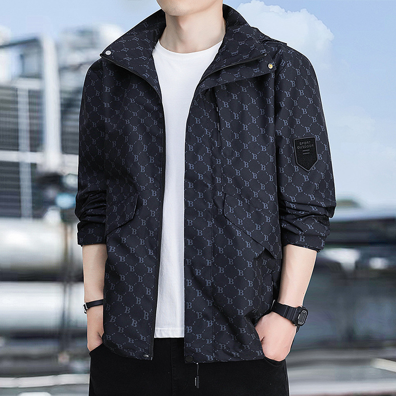 Chaqueta con capuz para hombres de otoño nuevo estilo juvenil coreano impresión completa chaqueta casual suelta impermeable