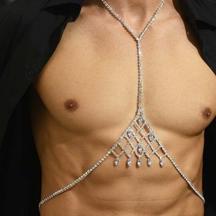 Cross Border Luxury Rhinestone Mesh Pendant Men Women Chest Chain Summer Beach Hollow Body Chain bodychain