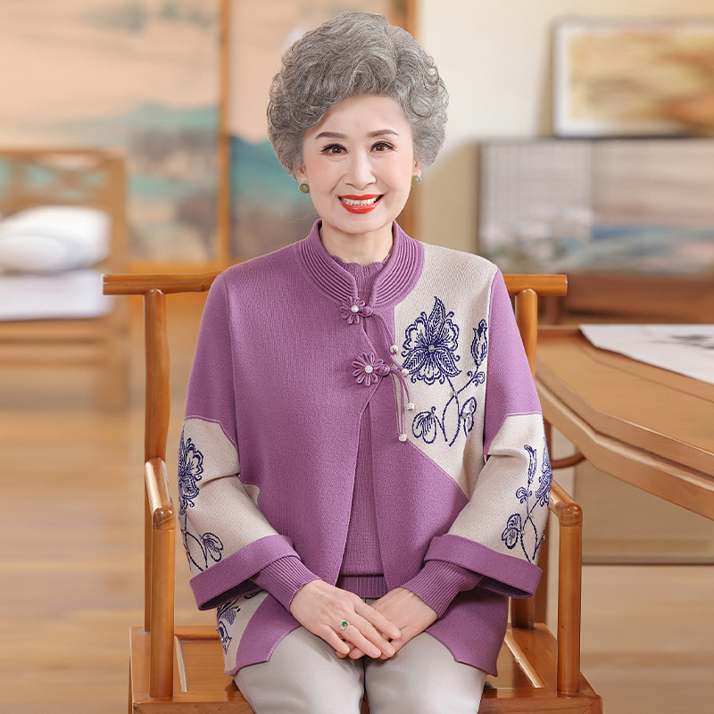 中老年人女妈妈装秋冬新中式国风外套老奶奶加绒毛衣针织两件套装|undefined