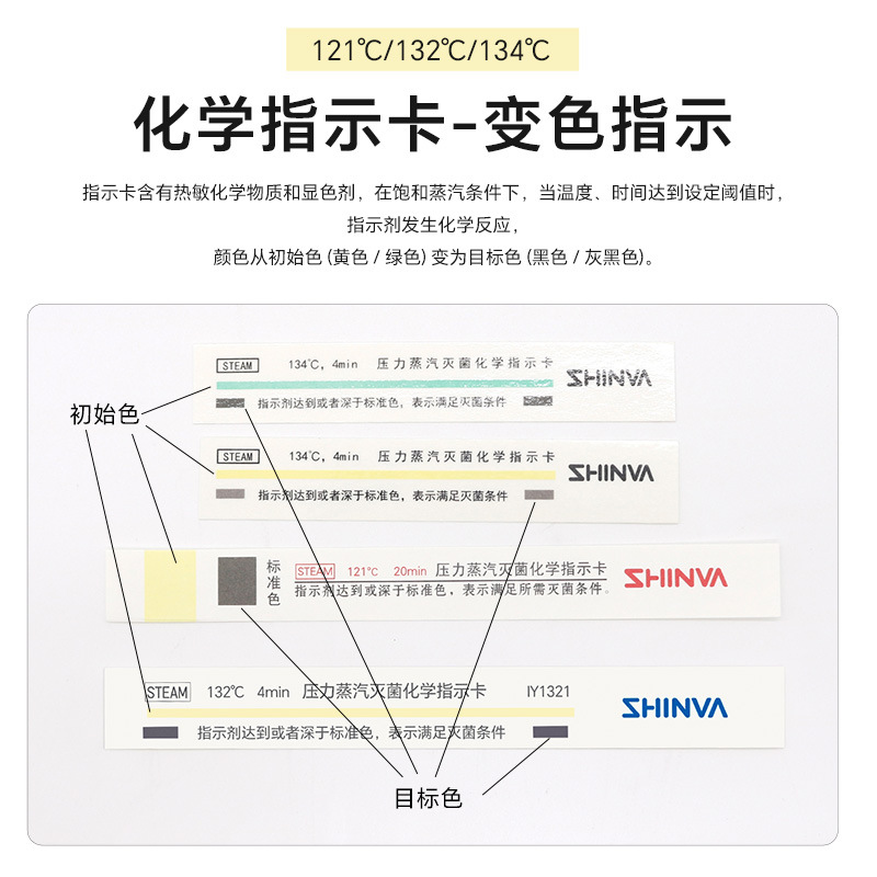 Tarjeta de indicación Xinhua 121 ° C tarjeta de indicación de esterilización por vapor a presión 132 ° C tarjeta de indicación química de desinfección a alta temperatura y alta presión