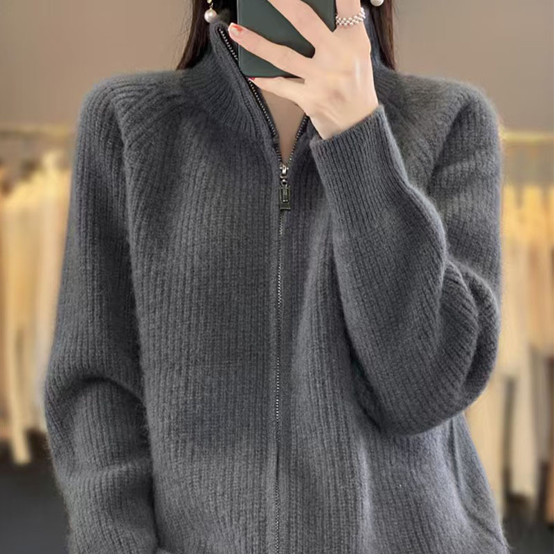2025秋冬新款半高领拉链开衫女百搭宽松休闲百搭针织毛衣休闲外套|undefined