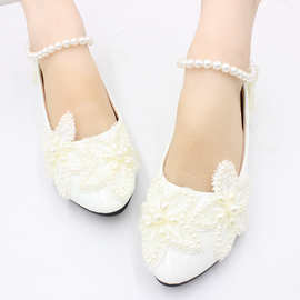 白色平底蝴蝶珠链装饰大码女鞋供跨境结婚新娘鞋伴娘女单鞋BH2208