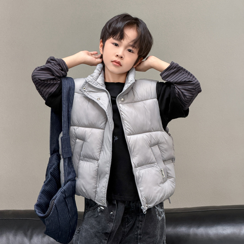 2026 Autumn/Winter New Korean Style Casual Short Stand Collar Down Cotton Puffer Vest for Boys and Girls (Large and Medium Sizes)