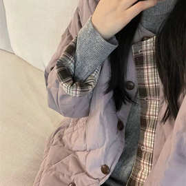 冬季新款 温柔风葫芦纹轻薄双面穿羽绒服女休闲拼接格纹显瘦外套