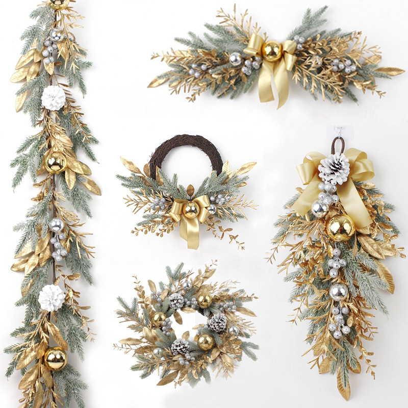 亚马逊热销金色圣诞花环藤条门挂半边树圣诞节装饰品松果装饰墙挂