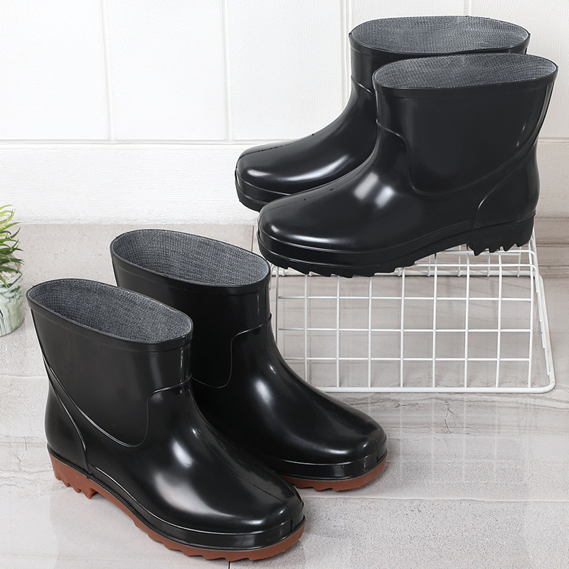 Shangsu 3507 Men's Low-Cut Short Rain Boots, Black Pvc Plastic Shoes, Thick-Soled Waterproof Shoes
