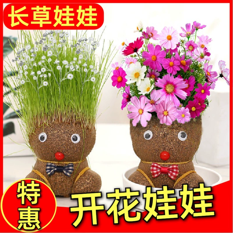 Кукла с травяной головой Цветущая кукла в горшках полив длинные волосы детская трава детский сад Цветущая Кукла Оптом