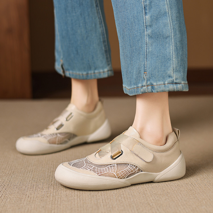Giày sneaker nữ phối màu da thật lỗ thoáng khí đế bệt buộc dây kết hợp miếng dán — màu trắng ngà chi tiết 25