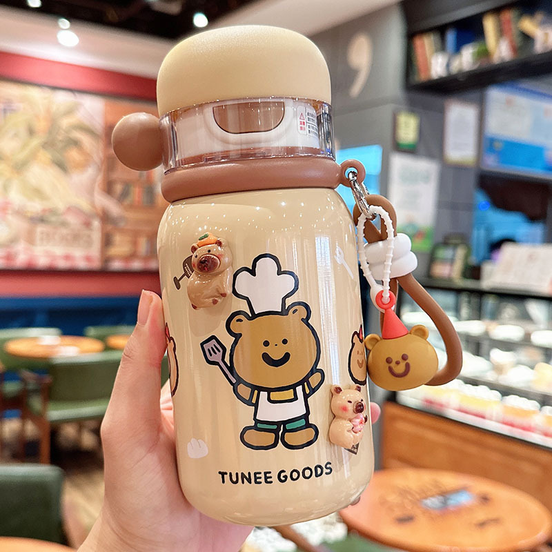 어린이 초등학생 휴대용 이중음용 빨대 보온물병 490ml
