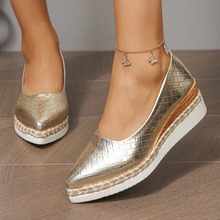 纯色女鞋2024秋季一脚蹬休闲欧美风尖头坡跟厚底PU外贸单鞋大码