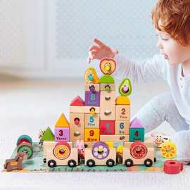 早教启蒙数字形状认知儿童木质创意农场积木宝宝卡通积木小车