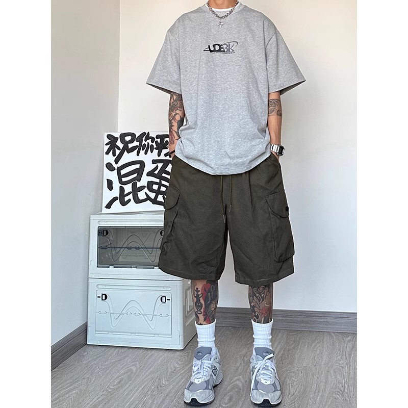 Japanese-style cityboy Functional Tooling Shorts Men's Summer All-match Loose plus size Straight Pants Fashion Brand Five-point Pants