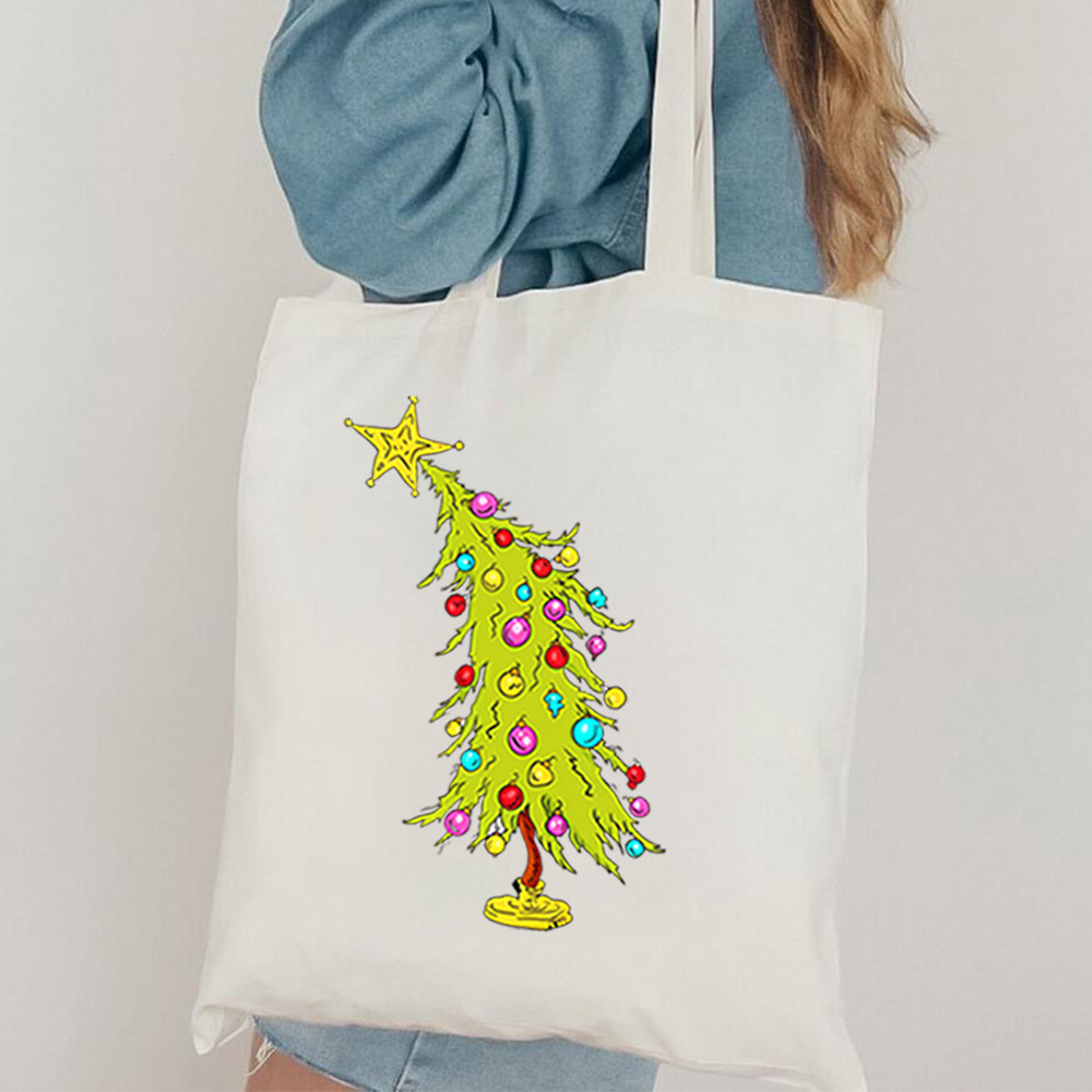 欧美速卖通新款单肩包倾斜圣诞树图案印花设计帆布便携手提包跨境