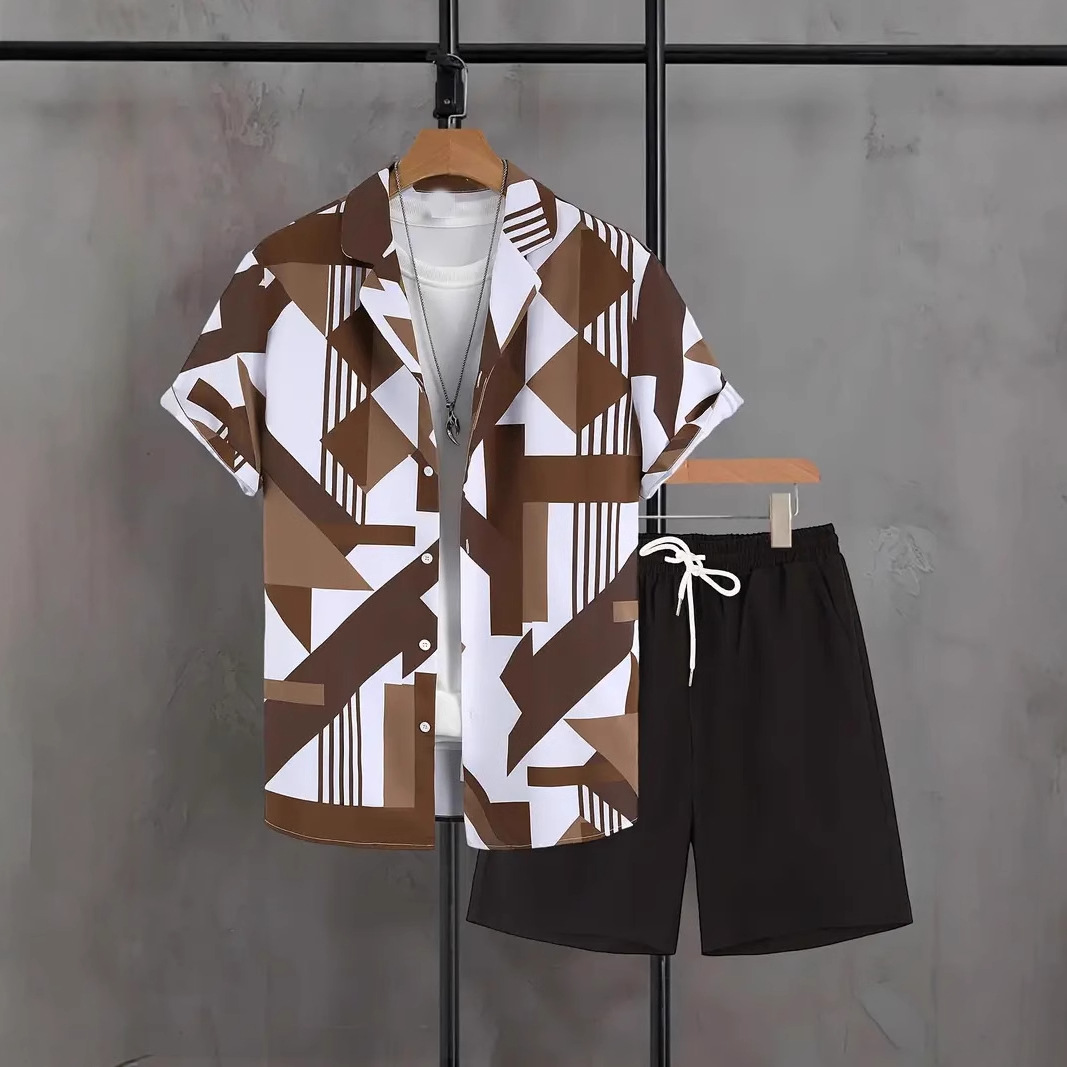 Transfronterizo 2024 nuevo estilo Amazon moda europea y americana casual todo fósforo manga corta cuello cubano pantalones cortos traje MB05 MA1