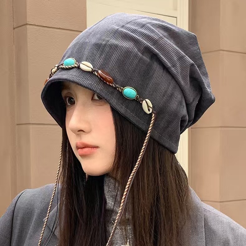 秋冬季韩版堆堆帽大头围女显脸小复古串珠护耳帽百搭保暖包头帽|undefined