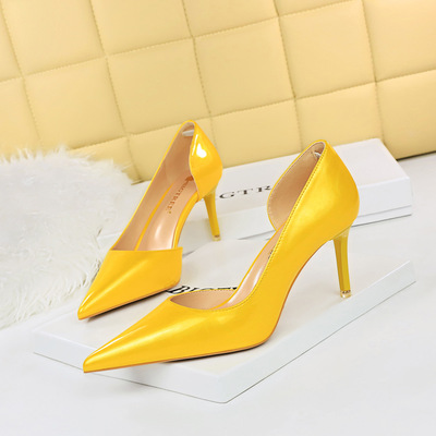 1363-A2 Korean Fashion Slim Banquet Fine Heel High Heel Shallow Mouth Pointed Side Hollow Patent Leather Women&apos;s Sh