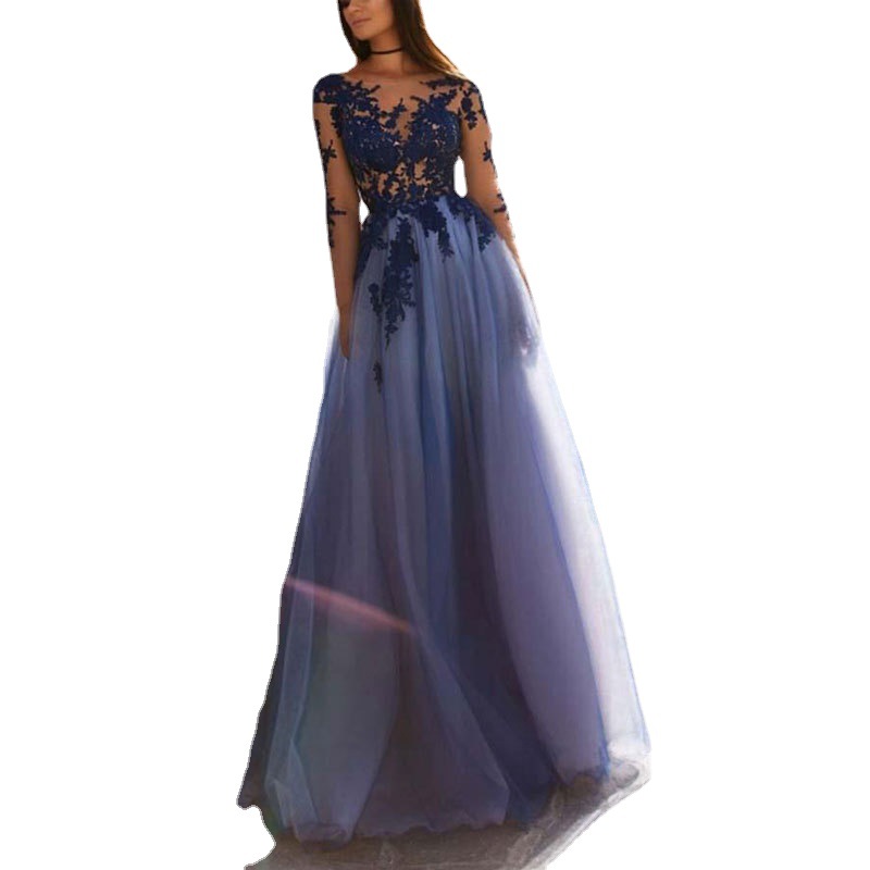 Comercio exterior de Europa y América Amazon AliExpress deseo encaje cuello redondo vestido de noche manga larga vestido de banquete vestido largo image 5