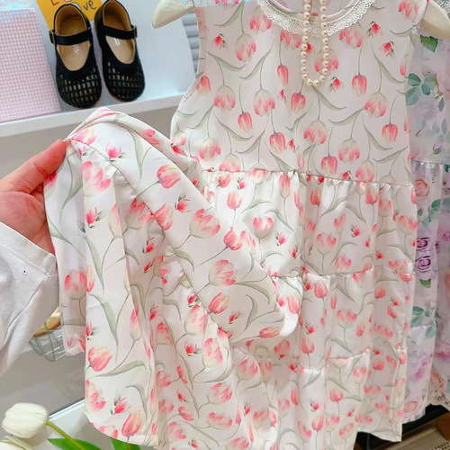 Summer 2025 New Arrival Korean Style Sleeveless Round Neck Personality Medium and Large Children Lace Edge Floral Print Dress for Girls
