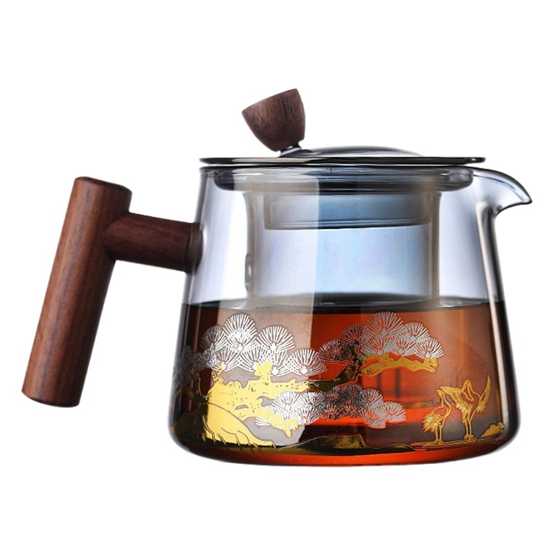 Tetera de vidrio hogar tetera de separación de té juego de té de vidrio resistente a altas temperaturas de vidrio ahumado gris mango de madera tetera
