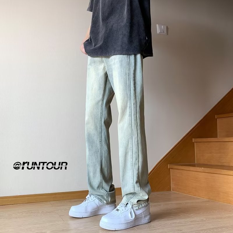 2024 pantalones vaqueros de primavera y otoño para niños pantalones rectos de color claro teñidos de barro amarillo retro, pantalones casuales de trapeador americano de moda