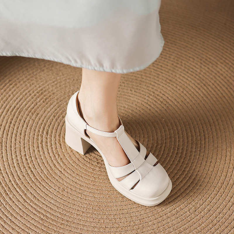 Sandal nữ cao gót phong cách La Mã, mũi kín gót kín, đế dày da bò, gót 7 cm — đen chi tiết 2