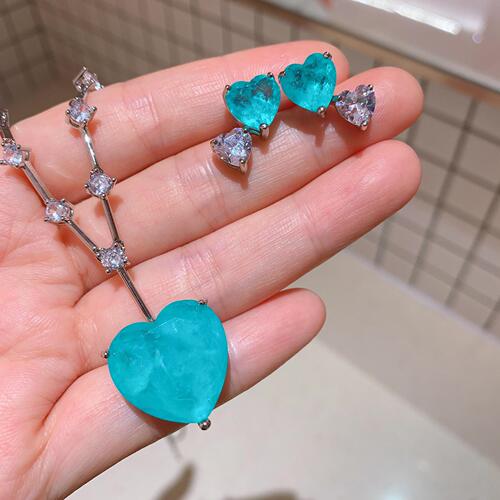 Zhuang Sheng Sheng Jewelry European and American Style Imitation Paraiba Heart Shape Set Earrings 10*10 Pendant 20*20