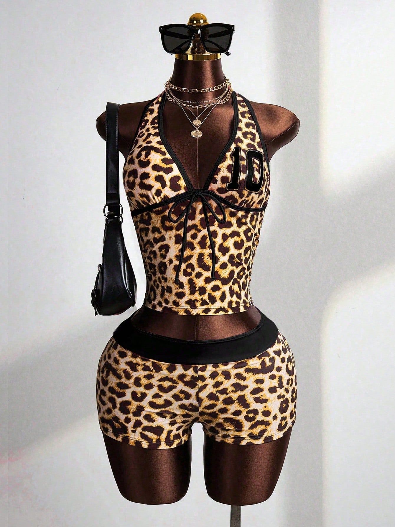 New Color-Blocked Slim-Fit Sexy Street-Style Leopard Print V-Neck Backless Halter Tie Tank Top and Shorts Set