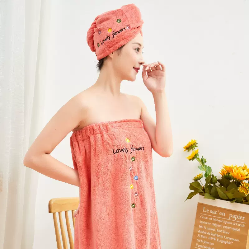 跨境批发精编珊瑚绒浴裙干发帽 柔软吸水绣花抹胸可穿浴巾可代发