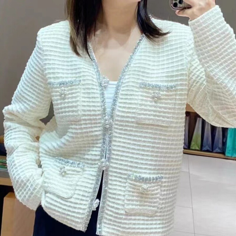 Early spring 2024 new ivory white waffle silver sequined trim V-neck knitted cardigan