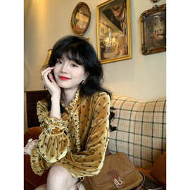 喇叭袖金丝绒波点套头衬衫i新款气质名媛超仙网红百搭长袖上衣ins