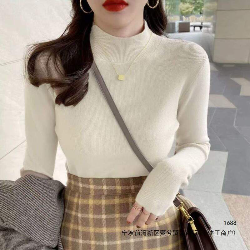 Women's half-high collar sweater, new autumn and winter knit top, slim fit, long-sleeved, versatile and stylish base shirt