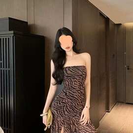 欧美性感辣妹抹胸豹纹夏印花拼接开叉收腰紧身包臂连衣裙爆款代发