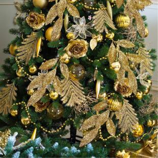 Wholesale Artificial Flowers Christmas Gold Powder 6 Pieces Cross-Border E-Commerce Amazon Supply Gold Powder Leaves Christmas Tree Garland Decoration