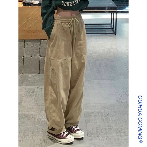 All-Season Woven Cotton Work Pants for Women - Loose Straight Leg High-Waisted Slimming Casual Wide Leg Pants for Girls - Ins Trend