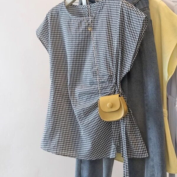 Plaid Short-Sleeve Shirt with Flutter Sleeves for Women, 2026 Summer New Style, Plus Size, Tie-Waist, Irregular Top