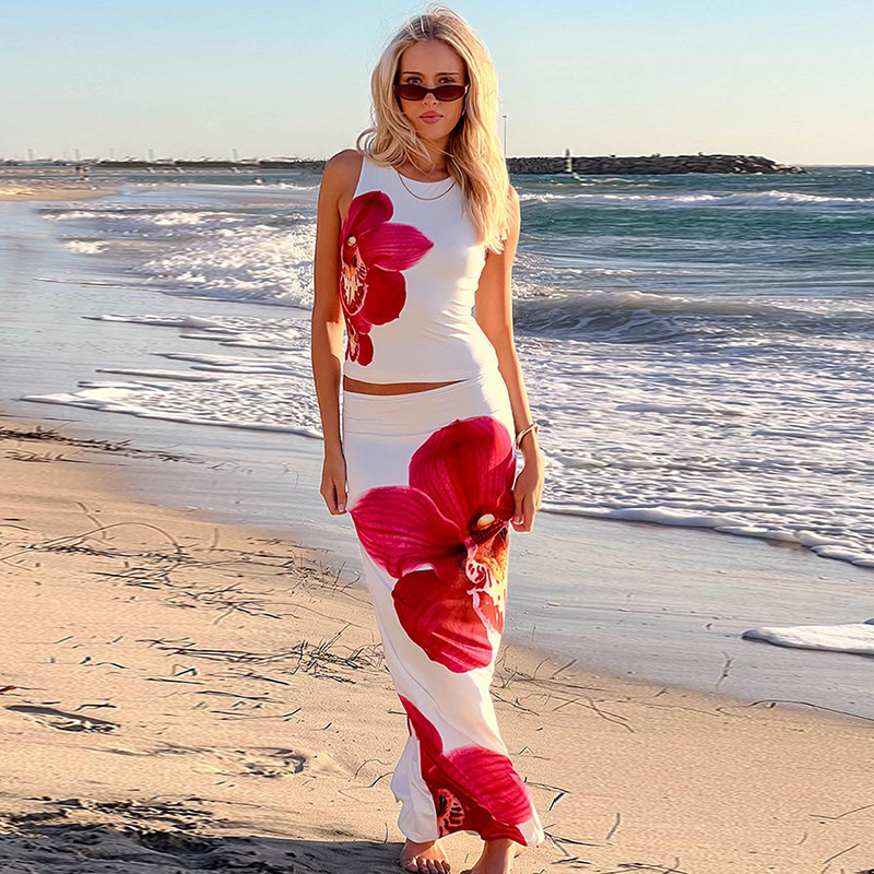 YJ25075PFO欧美风背心女休闲度假风包臀裙 辣妹收腰花朵半裙套装